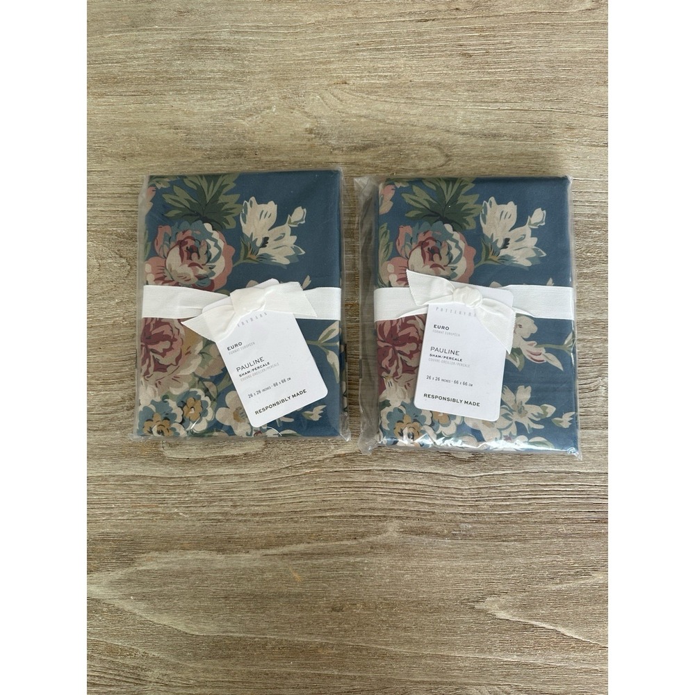 NWT Pottery Barn Pauline Floral Euro Sham Pair Set Cotton Percale Blue